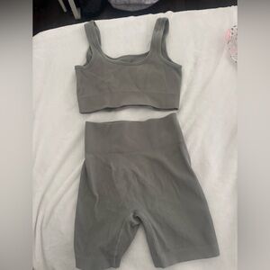 Gray Ribbed Sports Bra and Biker Short Set